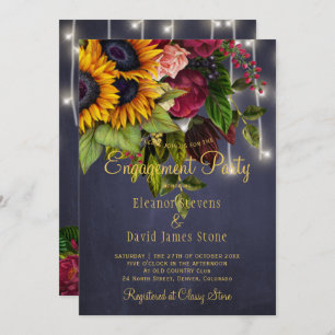 Sunflowers roses rustic navy burgundy engagement invitation