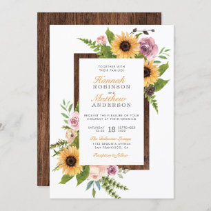 Sunflowers, Roses & Rustic Wood Country Wedding Invitation
