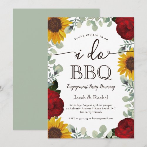 Sunflowers Roses Sage Green I Do BBQ Engagement Invitation