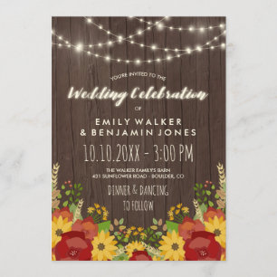 Sunflowers Roses String Lights Rustic Barn Wedding Invitation