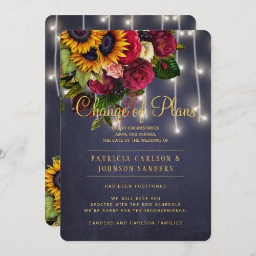 Sunflowers roses winter wedding change of plans invitation