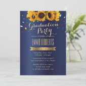 Sunflowers Royal Blue Confetti Graduation Party Invitation (Standing Front)