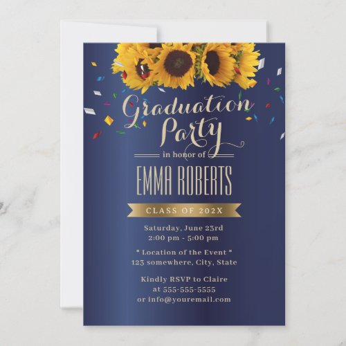 Sunflowers Royal Blue Confetti Graduation Party Invitation