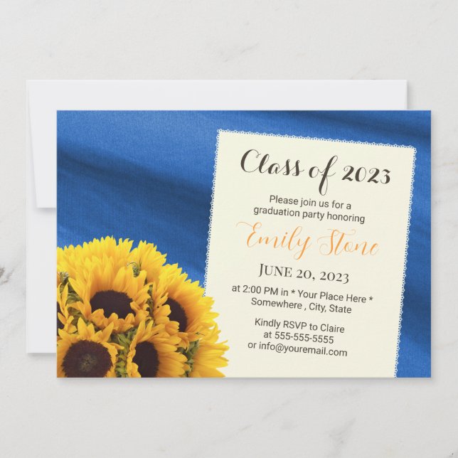 Sunflowers Royal Blue Elegant Graduation Party Invitation (Front)