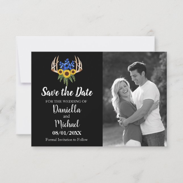 Sunflowers Rustic Antlers Floral Wedding Save The Date (Front)