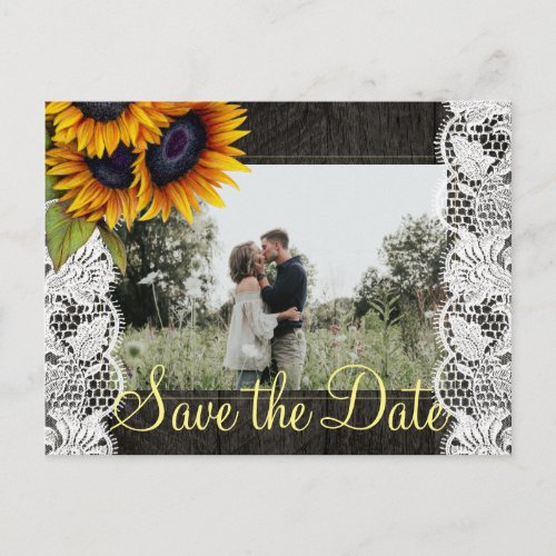 Sunflowers rustic barn wood save the date wedding announcement postcard