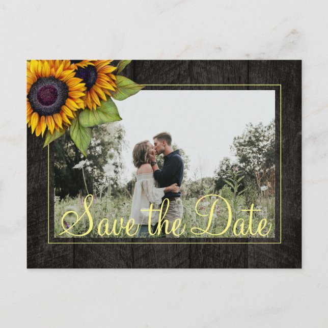 Sunflowers rustic barn wood save the date wedding announcement postcard (Front)