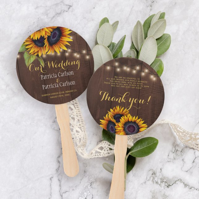 Sunflowers rustic brown barn wood wedding favor hand fan (Creator Uploaded)