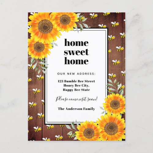 Sunflowers rustic bumble bees new home moving announcement postcard