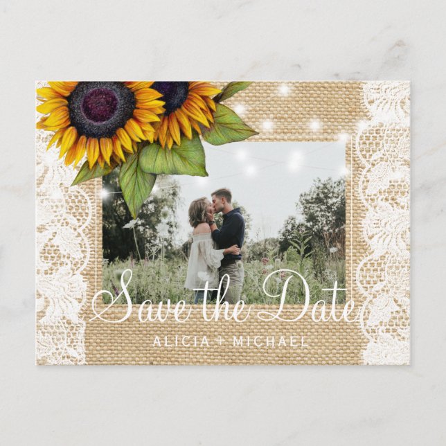 Sunflowers rustic burlap lace save date wedding announcement postcard (Front)