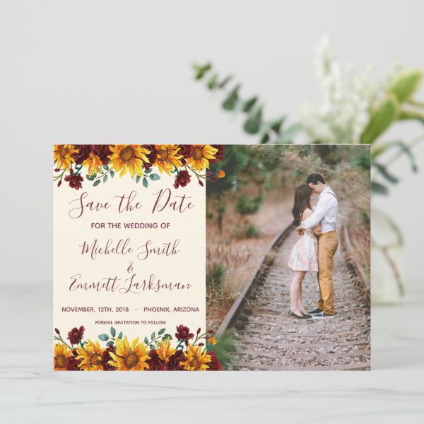 Sunflowers Rustic Country Burgundy Save the Date