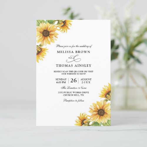 Sunflowers Rustic Elegant Budget QR Code Wedding Invitation