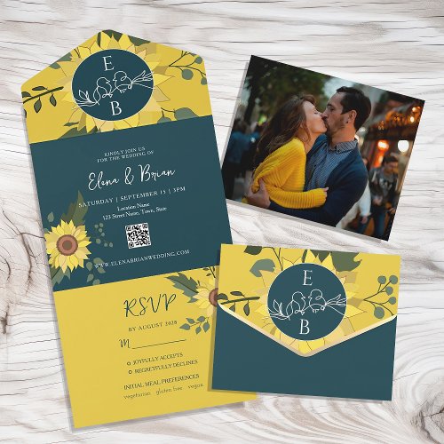 Sunflowers Rustic Emerald Green Wedding QR Code All In One Invitation