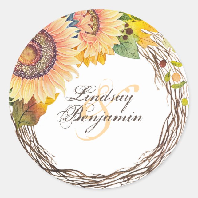 Sunflowers Rustic Fall Wedding Classic Round Sticker (Front)