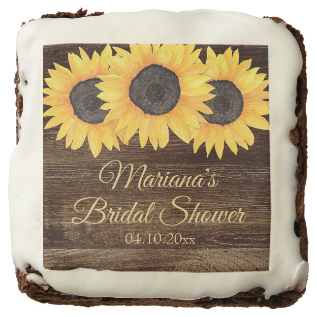 Sunflowers Rustic Fall Wood Bridal Shower Brownie (Front)
