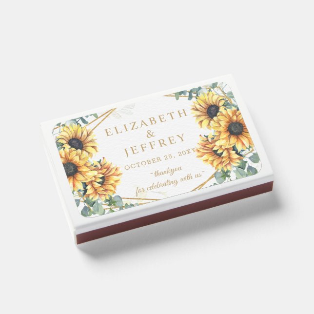 Sunflowers Rustic Gold Geometric Floral Wedding Matchboxes (Front Closed)