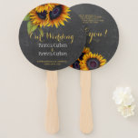 Sunflowers rustic grey chalkboard wedding favor hand fan<br><div class="desc">Elegant rustic country wedding favor thank you round hand fan template featuring beautiful bright yellow and orange gold sunflowers bouquets and a chic faux gold calligraphy script on a dark grey charcoal chalkboard background. Easy to personalize with your your details! Suitable for chic rustic country | farmhouse | cottage summer...</div>