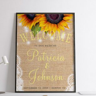 Sunflowers rustic lace burlap wedding welcome sign