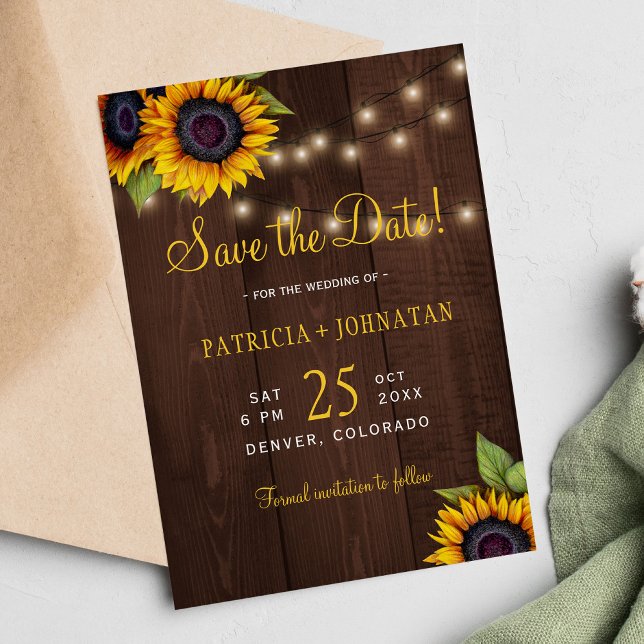 Sunflowers rustic lights barn wood wedding save the date (Creator Uploaded)