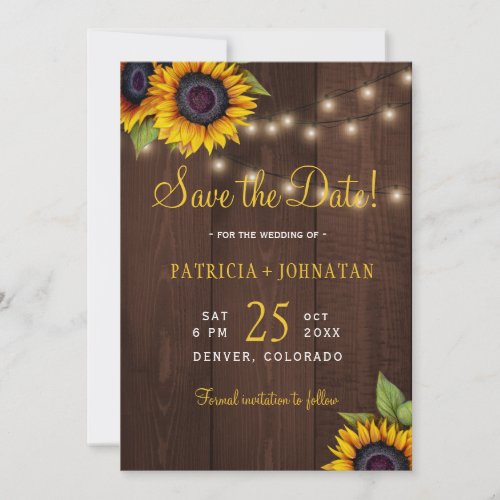 Sunflowers rustic lights barn wood wedding save the date