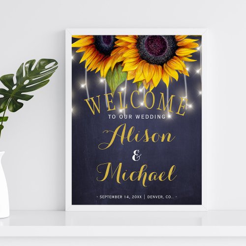 Sunflowers rustic lights fall wedding welcome sign