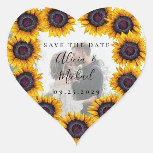 Sunflowers rustic modern photo wedding save date heart sticker
