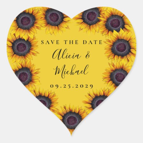 Sunflowers rustic modern script wedding save date heart sticker