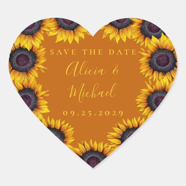 Sunflowers rustic modern script wedding save date heart sticker (Front)
