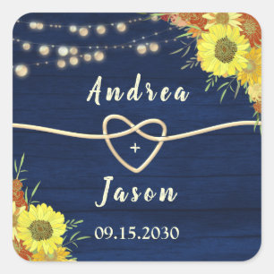 Sunflowers Rustic Navy Blue Wedding Favor Square Sticker