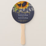 Sunflowers rustic navy chalkboard wedding favor hand fan<br><div class="desc">Elegant rustic country wedding favor thank you round hand fan template featuring beautiful bright yellow and orange gold sunflowers bouquets, strings of twinkle lights and a chic faux gold calligraphy script on a dark midnight navy blue chalkboard background. Easy to personalize with your your details! Suitable for chic rustic country...</div>