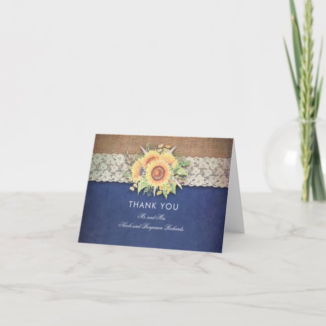 Sunflowers Rustic Navy Wedding Thank You Card (Front)