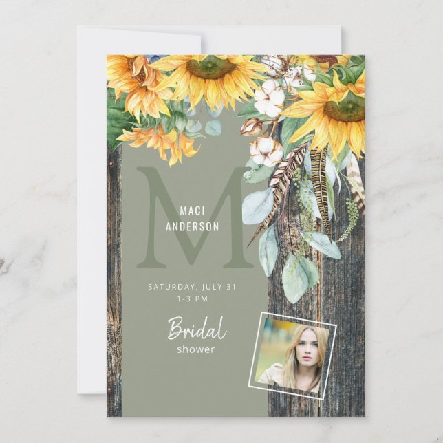Sunflowers Rustic Photo Sage Bridal Shower  Invitation (Front)