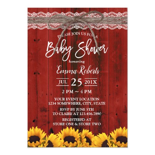 Sunflowers Rustic Red Barn Lace Twine Baby Shower Invitation