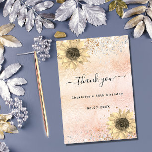 Sunflowers rustic rose gold silver glitter thank you card