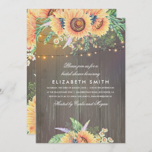 Sunflowers Rustic String Lights Wood Bridal Shower Invitation