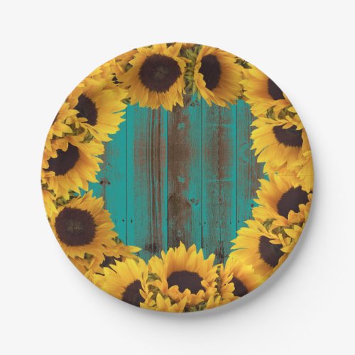 Sunflowers Rustic Teal Barn Wood Paper Plates