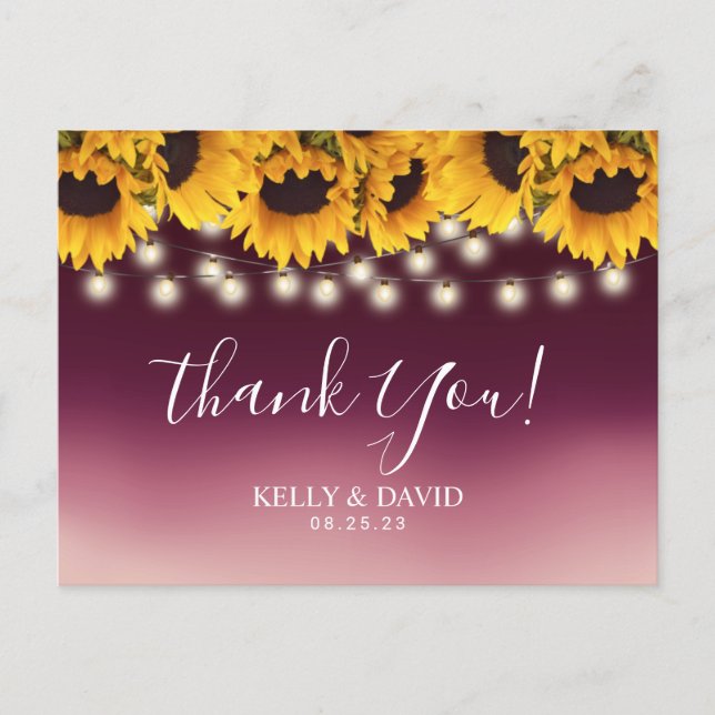 Sunflowers Rustic Wedding Burgundy Red Thank You Postcard (Front)