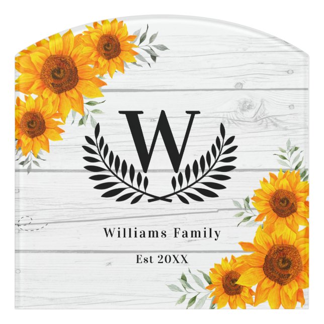 Sunflowers rustic white wood family monogram  door sign (Contour Front)
