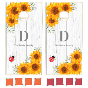 Sunflowers rustic white wood ladybug cornhole set
