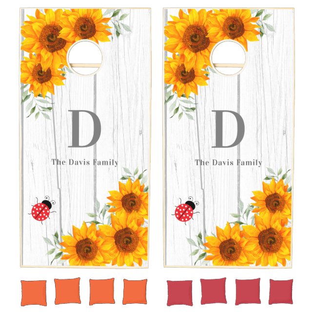 Sunflowers rustic white wood ladybug cornhole set (Set)