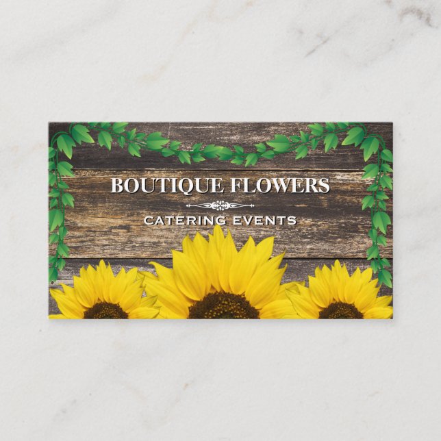 Sunflowers | Rustic Wood and Vines Business Card (Front)