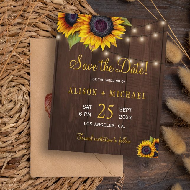 Sunflowers rustic wood budget save date wedding