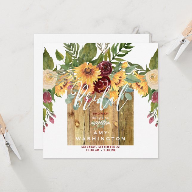 Sunflowers Rustic Wood Burgundy Bridal Shower Invitation (Front/Back In Situ)