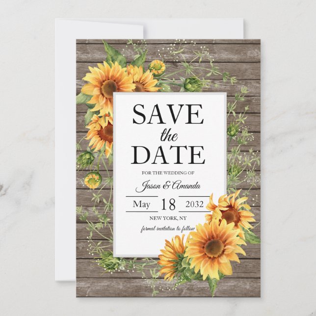 Sunflowers Rustic Wood Custom Wedding Save The Date (Front)