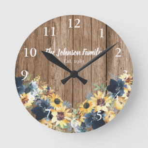 Sunflowers Rustic Wood Family Name Kitchen Clock