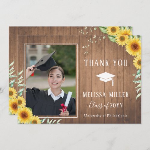 Sunflowers rustic wood Graduation Thank you Card