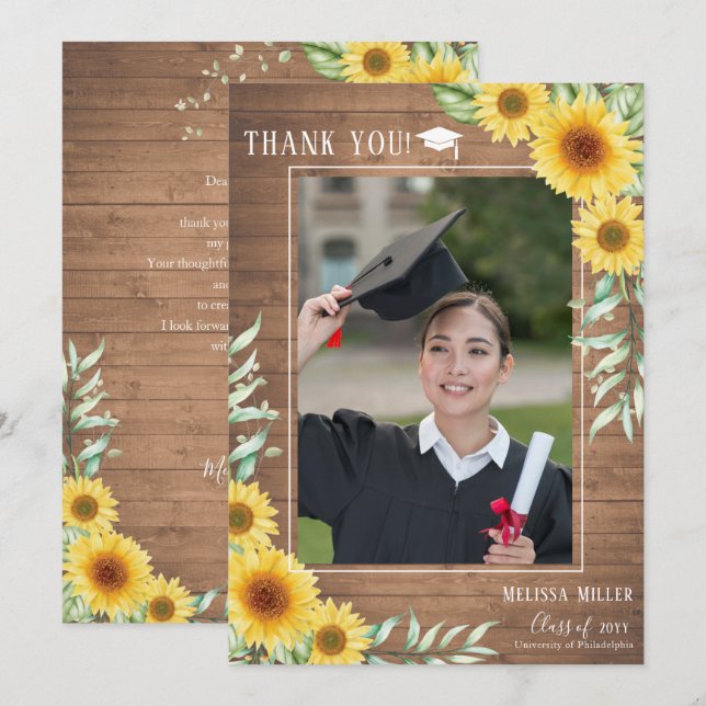Sunflowers rustic wood Graduation Thank you Card (Front/Back)