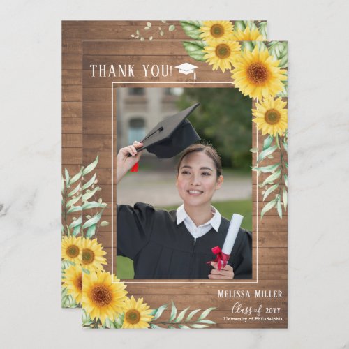 Sunflowers rustic wood Graduation Thank you Card