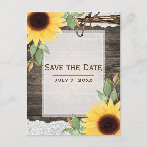 Sunflowers Rustic Wood Lace Country Save the Date Announcement Postcard