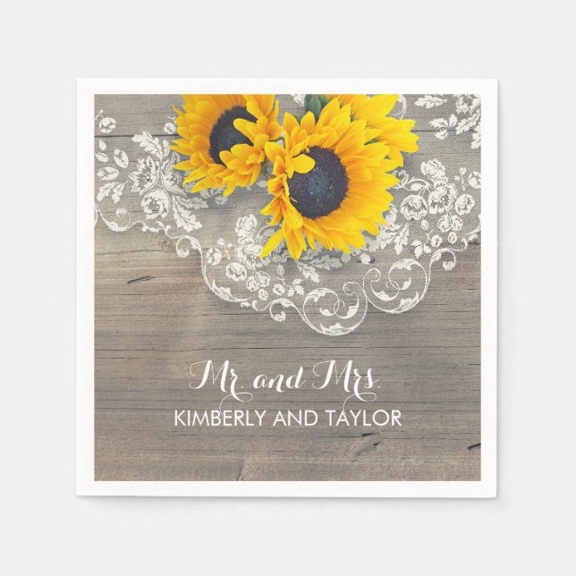 Sunflowers Rustic Wood Lace Country Wedding Paper Napkins (Front)